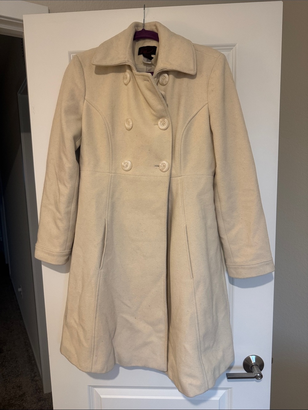 Via Spiga Cream Double-Breasted Wool-Blend Pea Coat